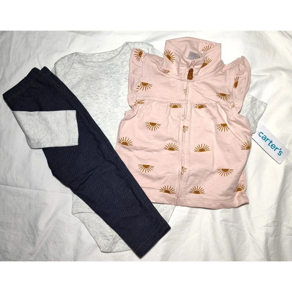 Carter's Baby Girl 24 Mos 3pc Pants Bodysuit Vest Outfit Set Jean Leggings‎ NWT